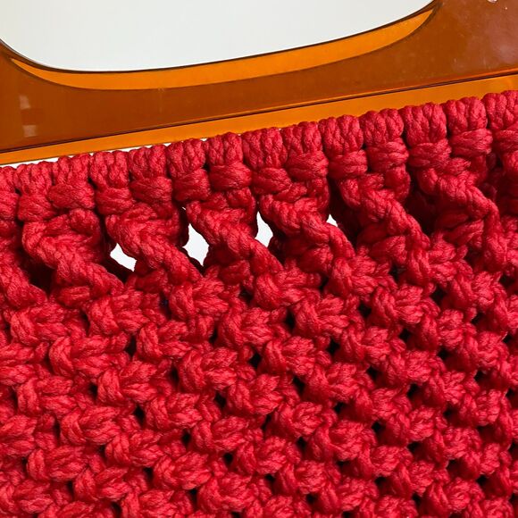 Vintage Boho Cherry Red Crochet Purse with Retro Chunky Amber Lucite Handles - Picture 8 of 10